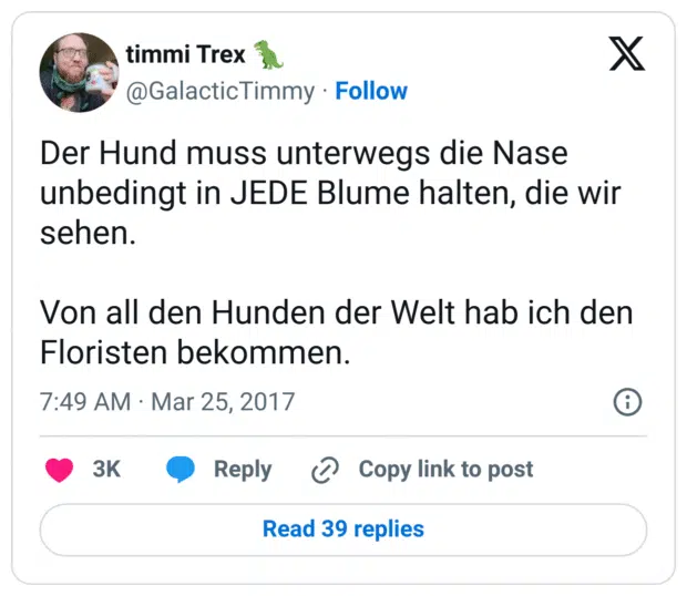 Der Hund muss unterwegs die Nase unbedingt in JEDE Blume halten, die wir sehen.

Von all den Hunden der Welt hab ich den Floristen bekommen.