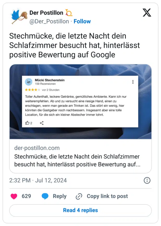Stechmücke, die letzte Nacht dein Schlafzimmer besucht hat, hinterlässt positive Bewertung auf Google