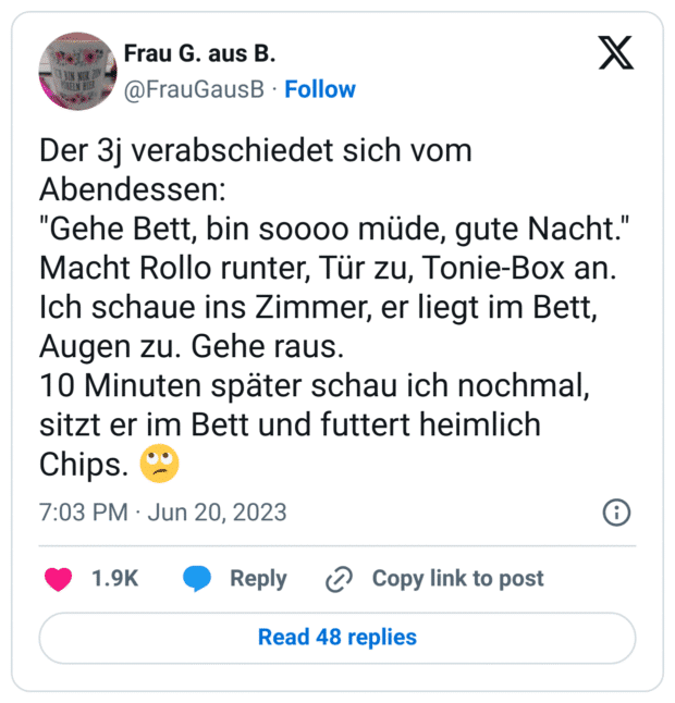 Der 3j verabschiedet sich vom Abendessen:
"Gehe Bett, bin soooo müde, gute Nacht."
Macht Rollo runter, Tür zu, Tonie-Box an. Ich schaue ins Zimmer, er liegt im Bett, Augen zu. Gehe raus.
10 Minuten später schau ich nochmal, sitzt er im Bett und futtert heimlich Chips. :gesicht_verdreht_augen: