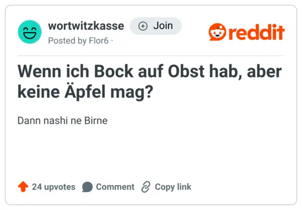 Wenn ich Bock auf Obst hab, aber keine Äpfel mag?


Dann nashi ne Birne