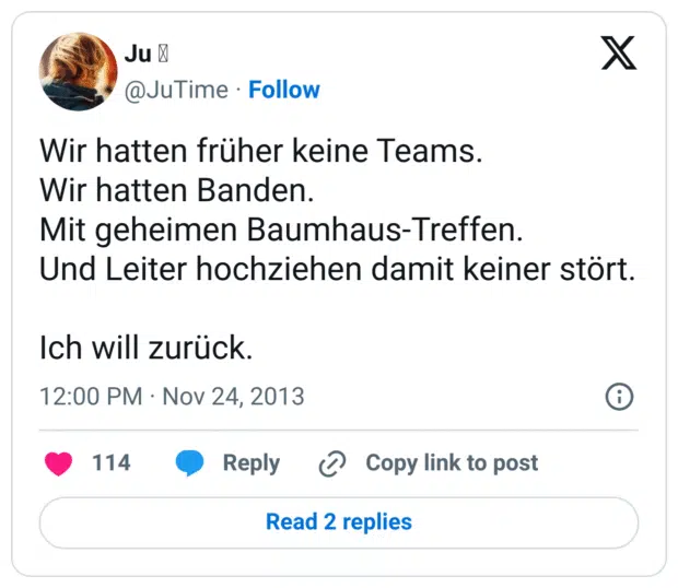 Wir hatten früher keine Teams.
Wir hatten Banden.
Mit geheimen Baumhaus-Treffen.
Und Leiter hochziehen damit keiner stört.

Ich will zurück.