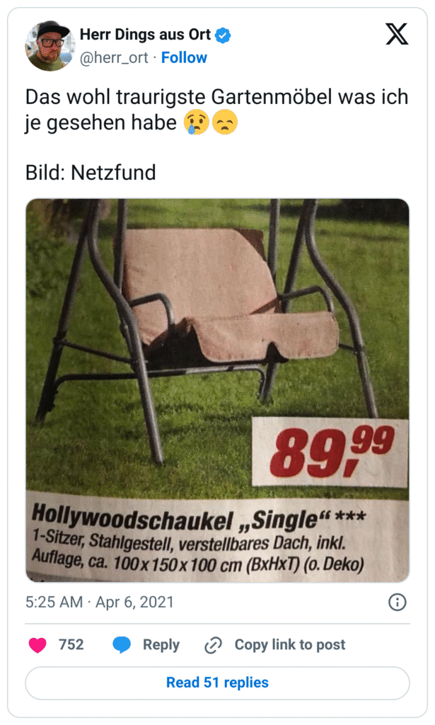 Das wohl traurigste Gartenmöbel was ich je gesehen habe 😢😞 

Bild: Netzfund