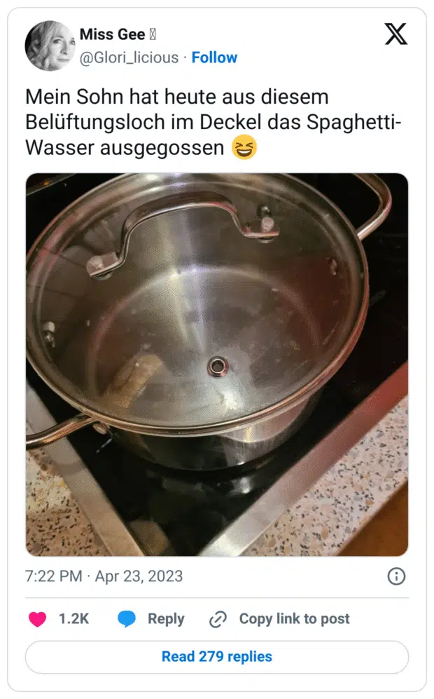Mein Sohn hat heute aus diesem Belüftungsloch im Deckel das Spaghetti-Wasser ausgegossen :lachen: