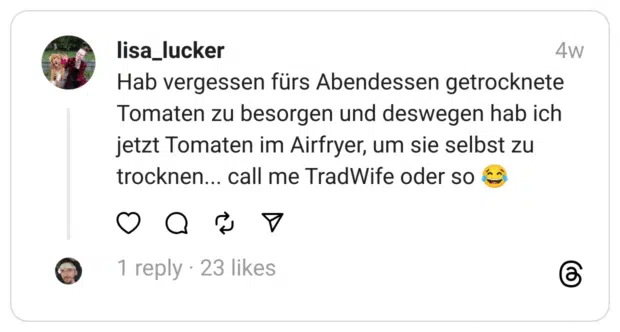Hab vergessen fürs Abendessen getrocknete Tomaten zu besorgen und deswegen hab ich jetzt Tomaten im Airfryer, um sie selbst zu trocknen... call me TradWife oder so 😂