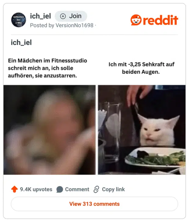 Ein Meme in zwei Hälften: Links sieht man das bekannte Bild einer wütenden Frau mit unscharfem Gesicht (stellvertretend für das Mädchen im Fitnessstudio, das sich angeschrien fühlt). Rechts die berühmte weiße Katze mit verwirrtem Blick vor einem Teller – mit dem Text „Ich mit -3,25 Sehkraft auf beiden Augen.“ Der Witz: Die beschuldigte Person kann aufgrund ihrer Sehschwäche schlicht nichts erkennen, was das vermeintliche „Starren“ entlarvt.