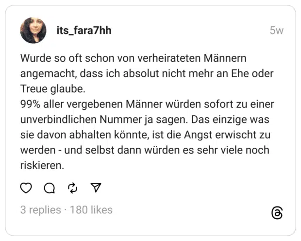 Wurde so oft schon von verheirateten Männern angemacht, dass ich absolut nicht mehr an Ehe oder Treue glaube.  99% aller vergebenen Männer würden sofort zu einer unverbindlichen Nummer ja sagen. Das einzige was sie davon abhalten könnte, ist die Angst erwischt zu werden - und selbst dann würden es sehr viele noch riskieren.