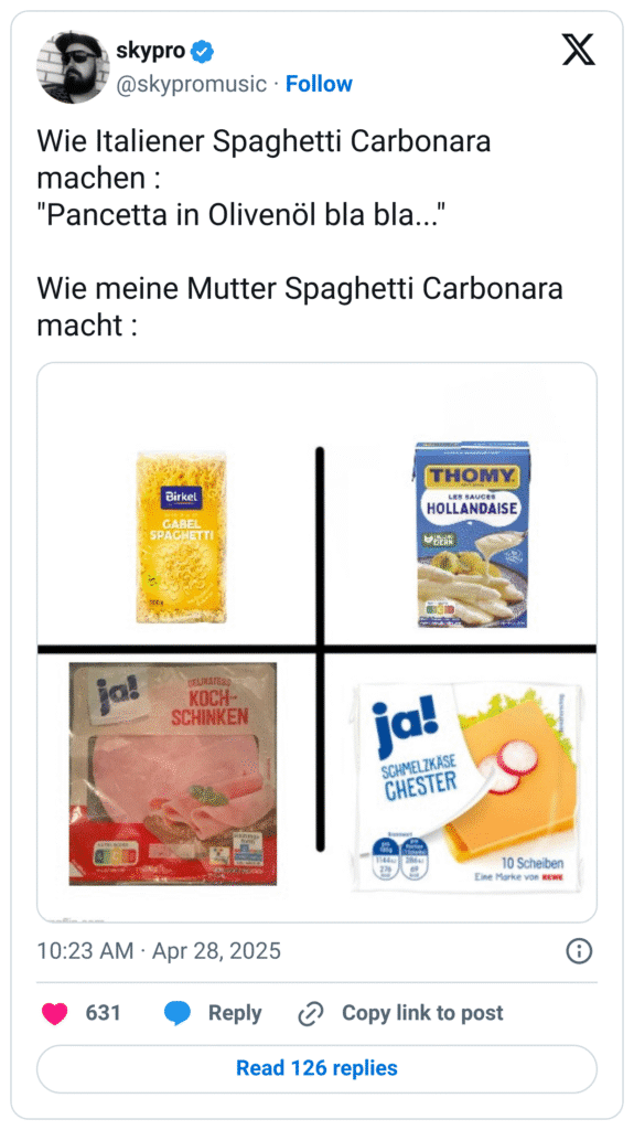 Wie Italiener Spaghetti Carbonara machen :
"Pancetta in Olivenöl bla bla..."

Wie meine Mutter Spaghetti Carbonara macht :