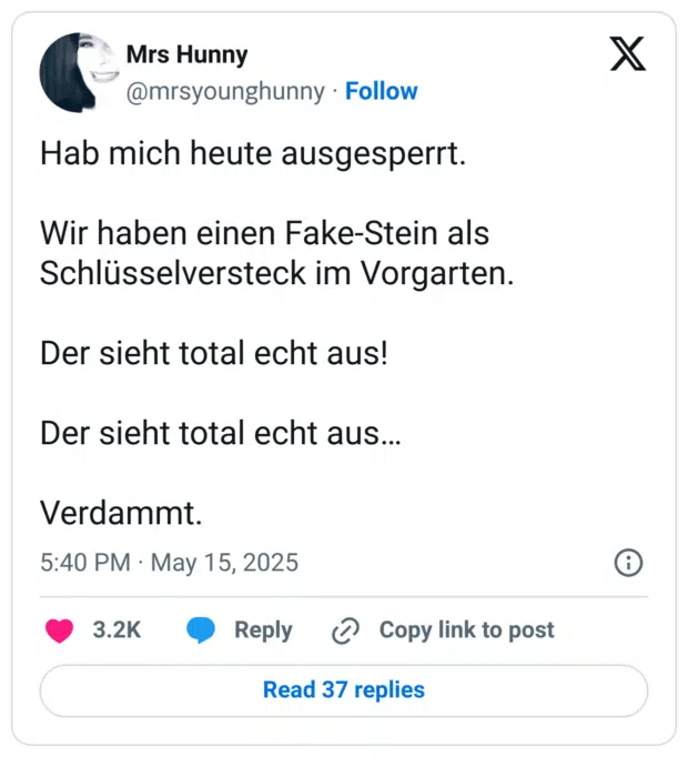 Hab mich heute ausgesperrt. Wir haben einen Fake-Stein als Schlüsselversteck im Vorgarten. Der sieht total echt aus! Der sieht total echt aus... Verdammt.