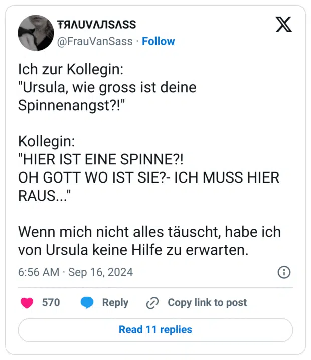 Ich zur Kollegin:
"Ursula, wie gross ist deine Spinnenangst?!"

Kollegin:
"HIER IST EINE SPINNE?!
OH GOTT WO IST SIE?- ICH MUSS HIER RAUS..."

Wenn mich nicht alles täuscht, habe ich von Ursula keine Hilfe zu erwarten.