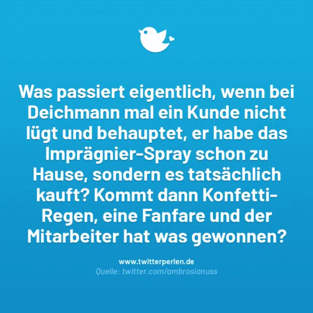 Was passiert eigentlich, wenn bei Deichmann mal ein Kunde nicht lügt und behauptet, er habe das Imprägnier-Spray schon zu Hause, sondern es tatsächlich kauft? Kommt dann Konfetti-Regen, eine Fanfare und der Mitarbeiter hat was gewonnen?
