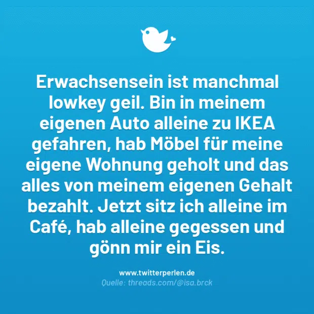 Erwachsensein ist manchmal lowkey geil. Bin in meinem eigenen Auto alleine zu IKEA gefahren, hab Möbel für meine eigene Wohnung geholt und das alles von meinem eigenen Gehalt bezahlt. Jetzt sitz ich alleine im Café, hab alleine gegessen und gönn mir ein Eis.
