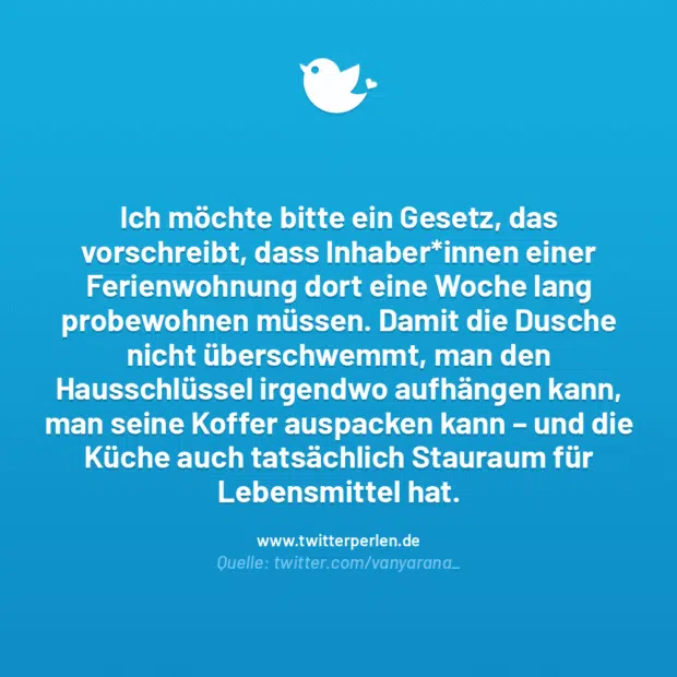 Ich möchte bitte ein Gesetz, das vorschreibt, dass Inhaber*innen einer Ferienwohnung dort eine Woche lang probewohnen müssen. Damit die Dusche nicht überschwemmt, man den Hausschlüssel irgendwo aufhängen kann, man seine Koffer auspacken kann – und die Küche auch tatsächlich Stauraum für Lebensmittel hat.
