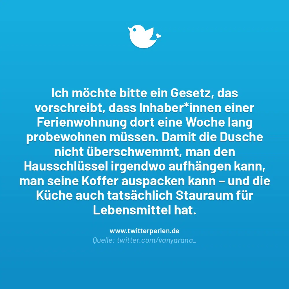 Ich möchte bitte ein Gesetz, das vorschreibt, dass Inhaber*innen einer Ferienwohnung dort eine Woche lang probewohnen müssen. Damit die Dusche nicht überschwemmt, man den Hausschlüssel irgendwo aufhängen kann, man seine Koffer auspacken kann – und die Küche auch tatsächlich Stauraum für Lebensmittel hat.