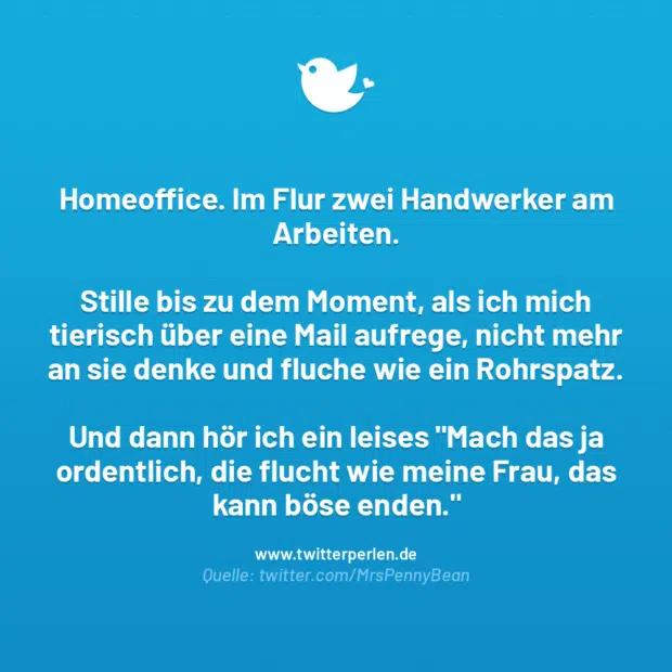 Homeoffice. Im Flur zwei Handwerker am Arbeiten.
Stille bis zu dem Moment, als ich mich tierisch über eine Mail aufrege, nicht mehr an sie denke und fluche wie ein Rohrspatz.
Und dann hör ich ein leises „Mach das ja ordentlich, die flucht wie meine Frau, das kann böse enden.“