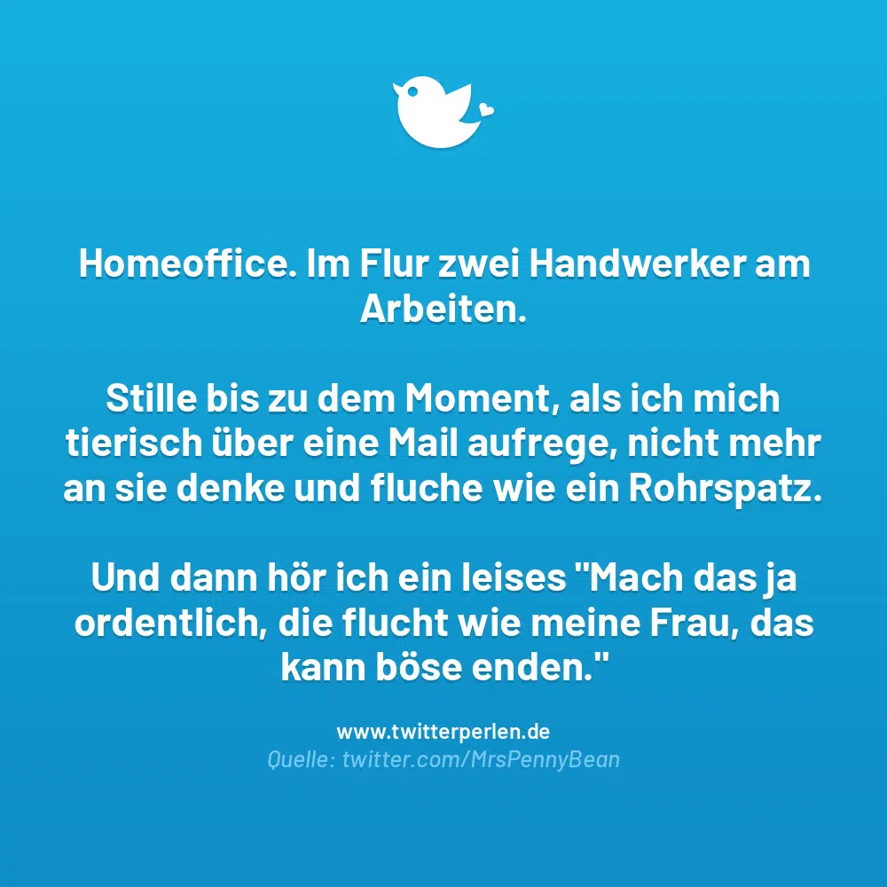 Homeoffice. Im Flur zwei Handwerker am Arbeiten.
Stille bis zu dem Moment, als ich mich tierisch über eine Mail aufrege, nicht mehr an sie denke und fluche wie ein Rohrspatz.
Und dann hör ich ein leises „Mach das ja ordentlich, die flucht wie meine Frau, das kann böse enden.“