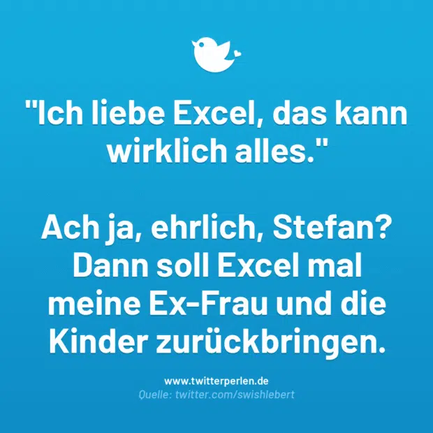 „Ich liebe Excel, das kann wirklich alles.
Ach ja, ehrlich, Stefan?
Dann soll Excel mal meine Ex-Frau und die Kinder zurückbringen.