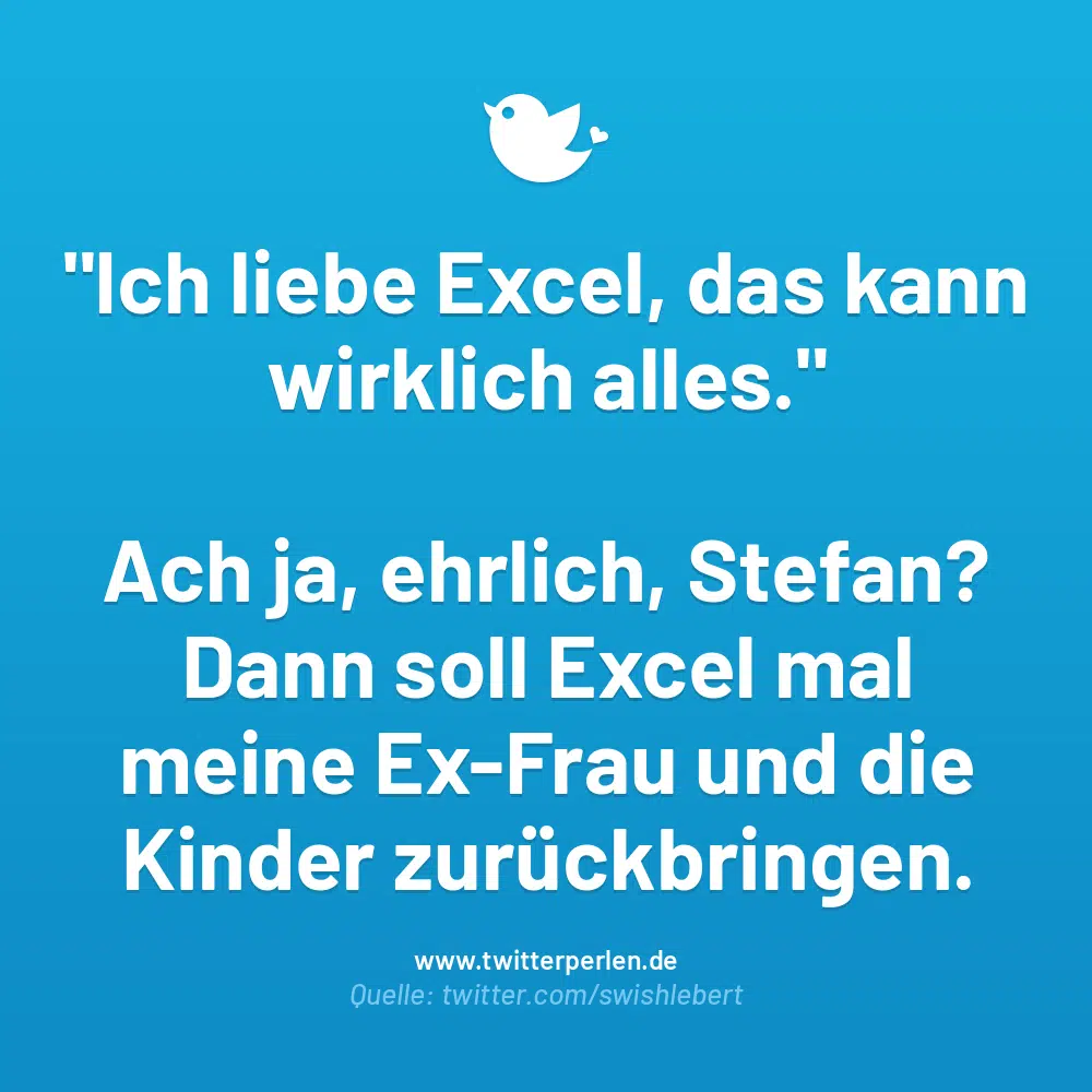 „Ich liebe Excel, das kann wirklich alles.
Ach ja, ehrlich, Stefan?
Dann soll Excel mal meine Ex-Frau und die Kinder zurückbringen.