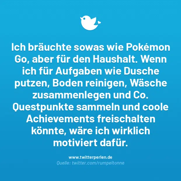 Ich bräuchte sowas wie Pokémon Go, aber für den Haushalt. Wenn ich für Aufgaben wie Dusche putzen, Boden reinigen, Wäsche zusammenlegen und Co.
Questpunkte sammeln und coole Achievements freischalten könnte, wäre ich wirklich motiviert dafür.
