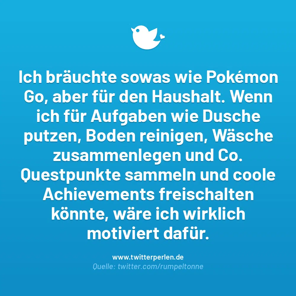 Ich bräuchte sowas wie Pokémon Go, aber für den Haushalt. Wenn ich für Aufgaben wie Dusche putzen, Boden reinigen, Wäsche zusammenlegen und Co.
Questpunkte sammeln und coole Achievements freischalten könnte, wäre ich wirklich motiviert dafür.
