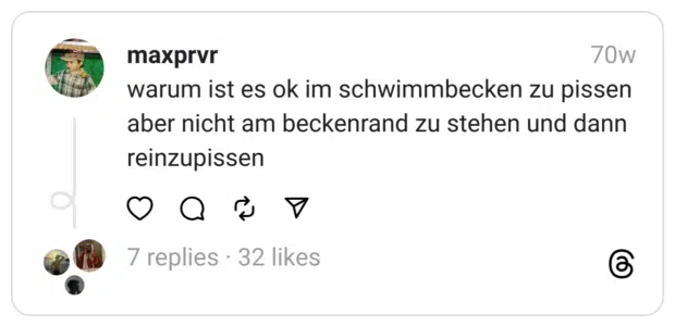 warum ist es ok im schwimmbecken zu pissen aber nicht am beckenrand zu stehen und dann reinzupissen
