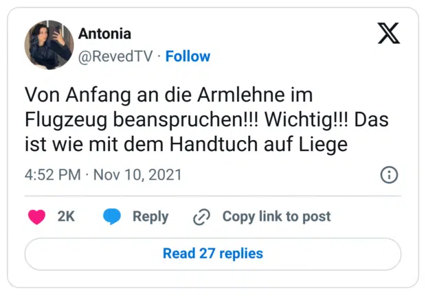 Von Anfang an die Armlehne im Flugzeug beanspruchen!!! Wichtig!!! Das ist wie mit dem Handtuch auf Liege
