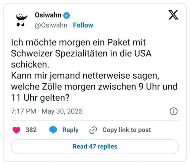 Ich möchte morgen ein Paket mit Schweizer Spezialitäten in die USA schicken. Kann mir jemand netterweise sagen, welche Zölle morgen zwischen 9 Uhr und 11 Uhr gelten?