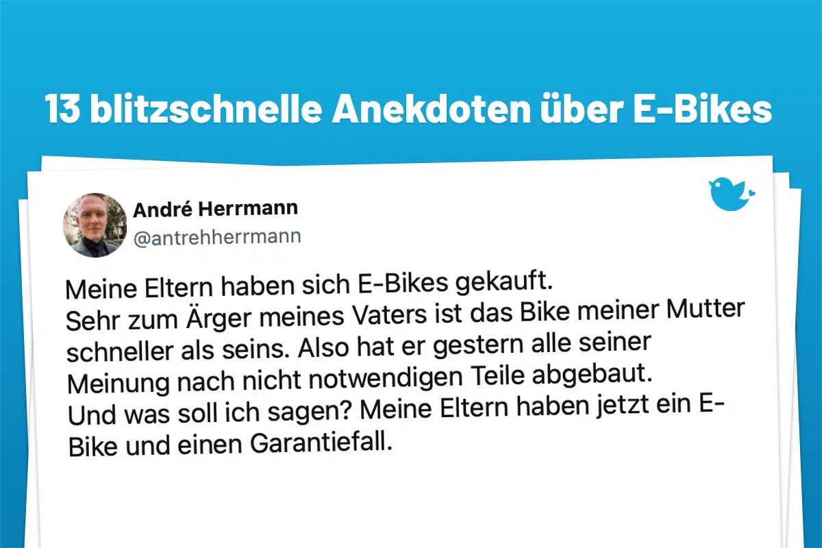 Meine Eltern haben sich E-Bikes gekauft. Sehr zum Ärger meines Vaters ist das Bike meiner Mutter schneller als seins. Also hat er gestern alle seiner Meinung nach nicht notwendigen Teile abgebaut. Und was soll ich sagen? Meine Eltern haben jetzt ein E-Bike und einen Garantiefall.