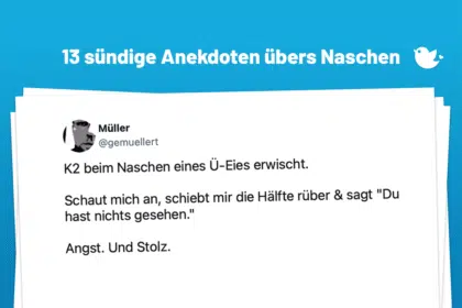 K2 beim Naschen eines Ü-Eies erwischt. Schaut mich an, schiebt mir die Hälfte rüber & sagt "Du hast nichts gesehen." Angst. Und Stolz.