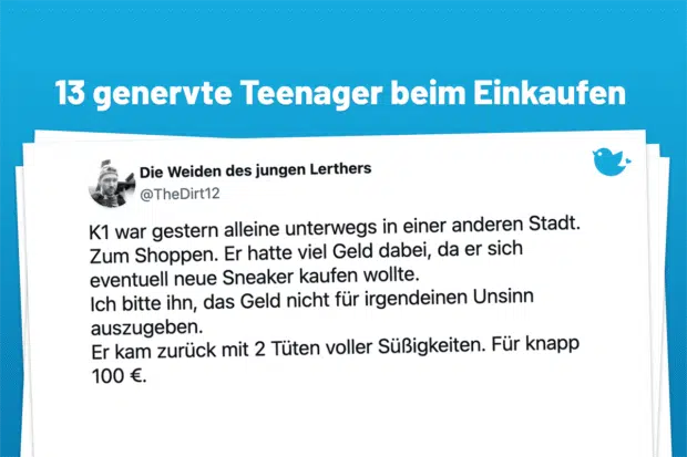 K1 war gestern alleine unterwegs in einer anderen Stadt. Zum Shoppen. Er hatte viel Geld dabei, da er sich eventuell neue Sneaker kaufen wollte. Ich bitte ihn, das Geld nicht für irgendeinen Unsinn auszugeben. Er kam zurück mit 2 Tüten voller Süßigkeiten. Für knapp 100 €.