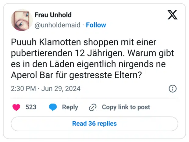 Puuuh Klamotten shoppen mit einer pubertierenden 12 Jährigen. Warum gibt es in den Läden eigentlich nirgends ne Aperol Bar für gestresste Eltern?