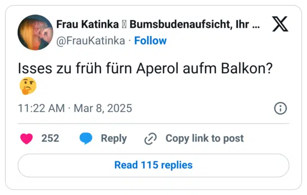 Isses zu früh fürn Aperol aufm Balkon? :nachdenkliches_gesicht: