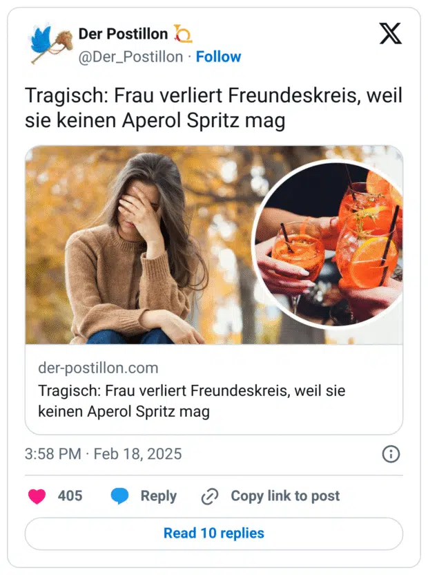 Tragisch: Frau verliert Freundeskreis, weil sie keinen Aperol Spritz mag https://t.co/azXL0o71QY