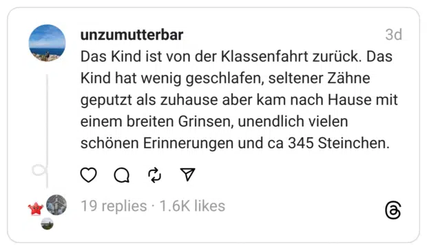 Das Kind ist von der Klassenfahrt zurück. Das Kind hat wenig geschlafen, seltener Zähne geputzt als zuhause aber kam nach Hause mit einem breiten Grinsen, unendlich vielen schönen Erinnerungen und ca 345 Steinchen.