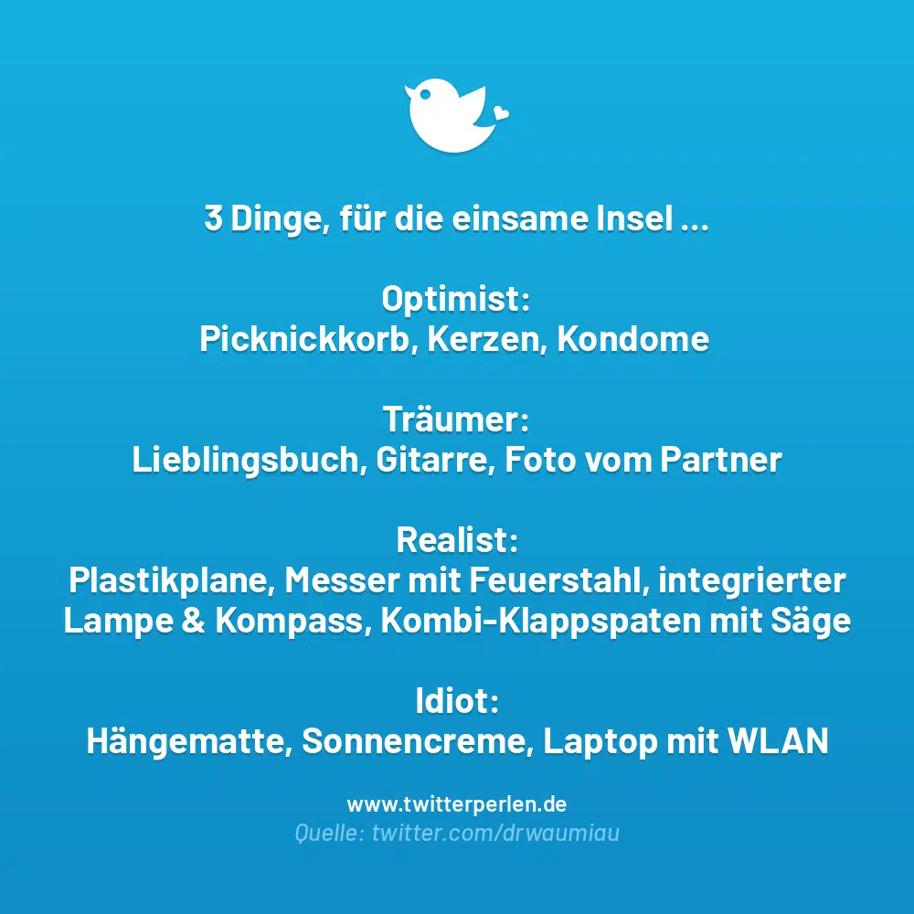 3 Dinge, für die einsame Insel …
Optimist:
Picknickkorb, Kerzen, Kondome
Träumer:
Lieblingsbuch, Gitarre, Foto vom Partner
Realist:
Plastikplane, Messer mit Feuerstahl, integrierter Lampe & Kompass, Kombi-Klappspaten mit Säge
Idiot:
Hängematte, Sonnencreme, Laptop mit WLAN
