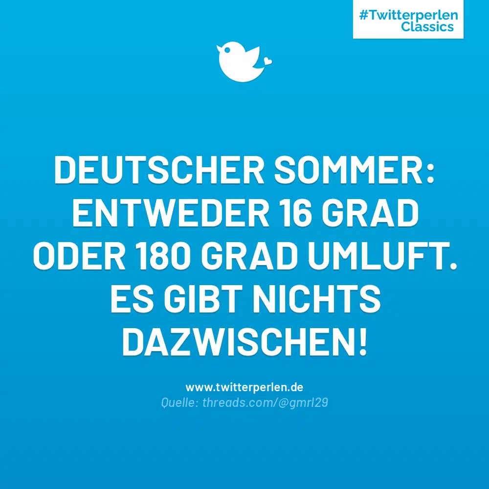 DEUTSCHER SOMMER:
ENTWEDER 16 GRAD ODER 180 GRAD UMLUFT.
ES GIBT NICHTS DAZWISCHEN!