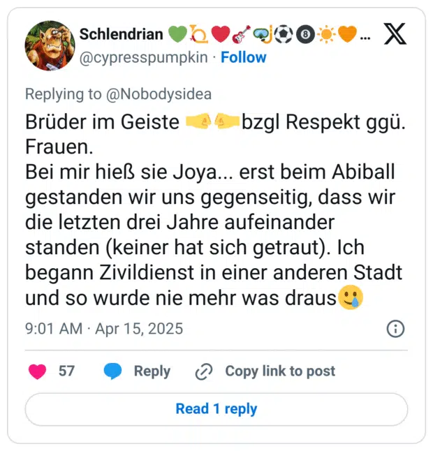 Brüder im Geiste 🤜🤛bzgl Respekt ggü. Frauen.
Bei mir hieß sie Joya... erst beim Abiball gestanden wir uns gegenseitig, dass wir die letzten drei Jahre aufeinander standen (keiner hat sich getraut). Ich begann Zivildienst in einer anderen Stadt und so wurde nie mehr was draus🥲