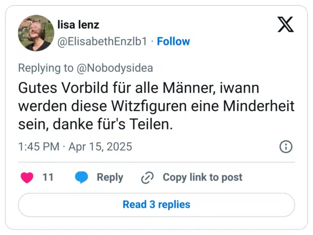 Gutes Vorbild für alle Männer, iwann werden diese Witzfiguren eine Minderheit sein, danke für's Teilen.