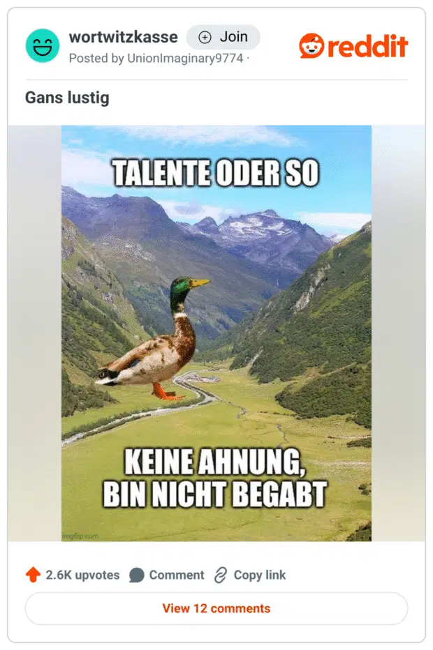 Ein Meme mit einem Erpel (nicht einer Gans!) im Vordergrund einer idyllischen Berglandschaft.
Der obere Text lautet: „TALENTE ODER SO“,
der untere: „KEINE AHNUNG, BIN NICHT BEGABT“.
Die Bildunterschrift spielt auf Selbstironie an und nutzt den Verwechslungswitz im Reddit-Titel „Gans lustig“.