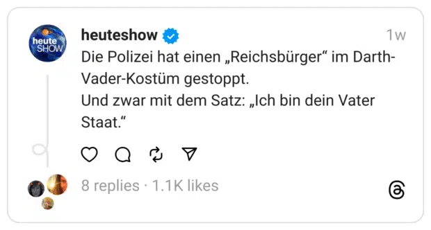Die Polizei hat einen „Reichsbürger“ im Darth-Vader-Kostüm gestoppt. Und zwar mit dem Satz: „Ich bin dein Vater Staat.“