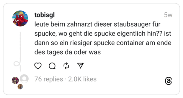 eute beim zahnarzt dieser staubsauger für spucke, wo geht die spucke eigentlich hin?? ist dann so ein riesiger spucke container am ende des tages da oder was