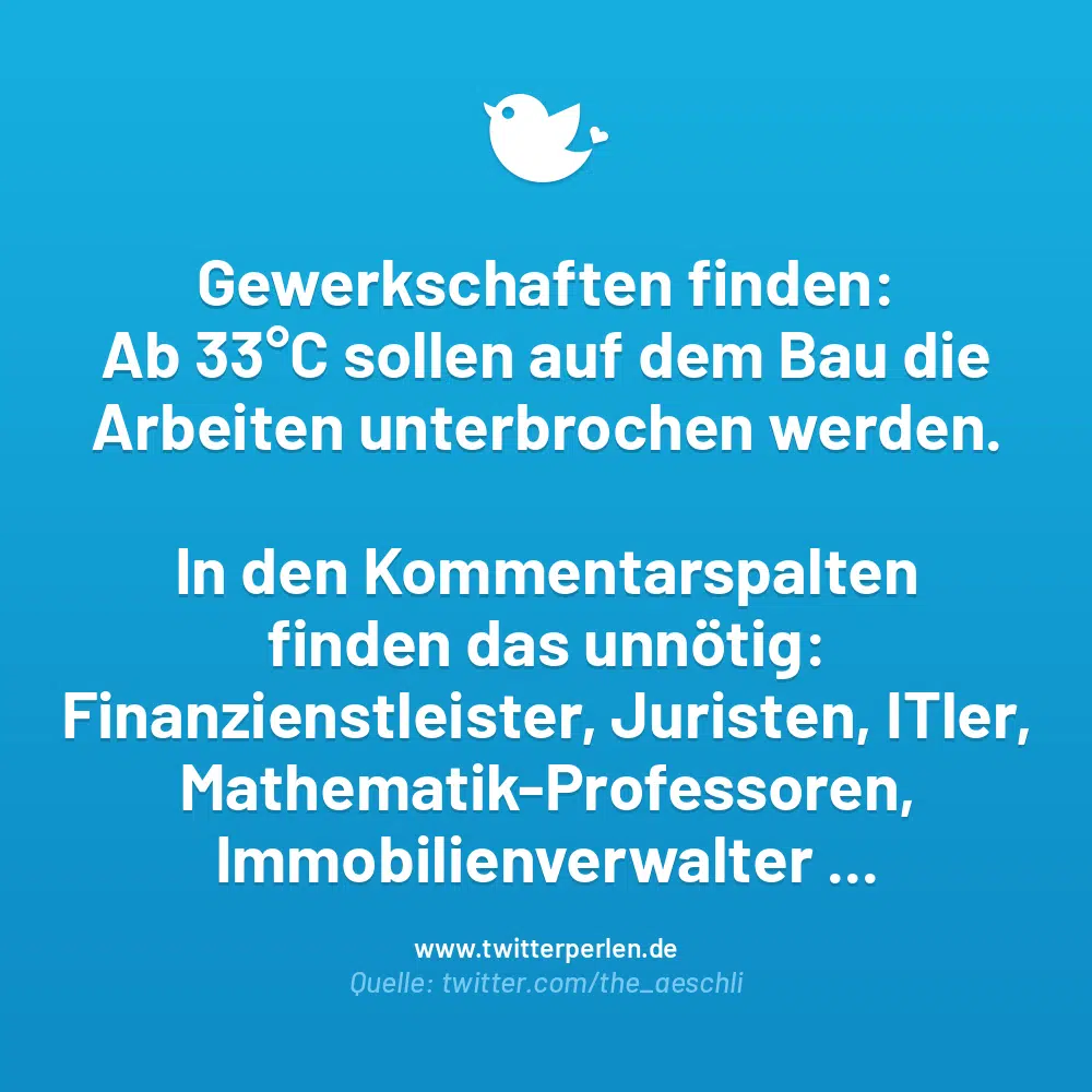 Gewerkschaften finden:
Ab 33°C sollen auf dem Bau die Arbeiten unterbrochen werden.
In den Kommentarspalten finden das unnötig:
Finanzienstleister, Juristen, ITler, Mathematik-Professoren, Immobilienverwalter …