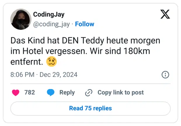 Das Kind hat DEN Teddy heute morgen im Hotel vergessen. Wir sind 180km entfernt. 🥴