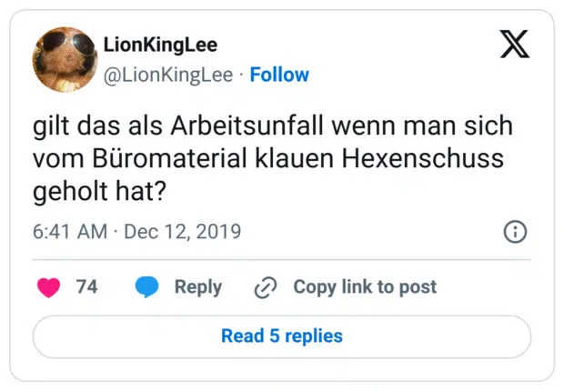 gilt das als Arbeitsunfall wenn man sich vom Büromaterial klauen Hexenschuss geholt hat?