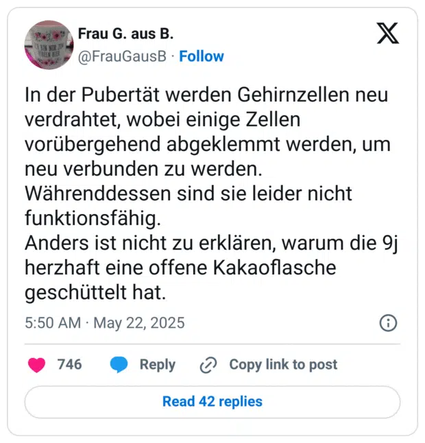 In der Pubertät werden Gehirnzellen neu verdrahtet, wobei einige Zellen vorübergehend abgeklemmt werden, um neu verbunden zu werden. Währenddessen sind sie leider nicht funktionsfähig.
Anders ist nicht zu erklären, warum die 9j herzhaft eine offene Kakaoflasche geschüttelt hat.