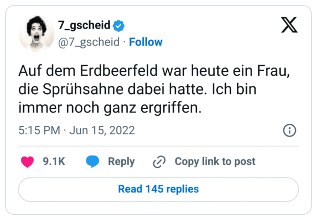 Auf dem Erdbeerfeld war heute ein Frau, die Sprühsahne dabei hatte. Ich bin immer noch ganz ergriffen.
