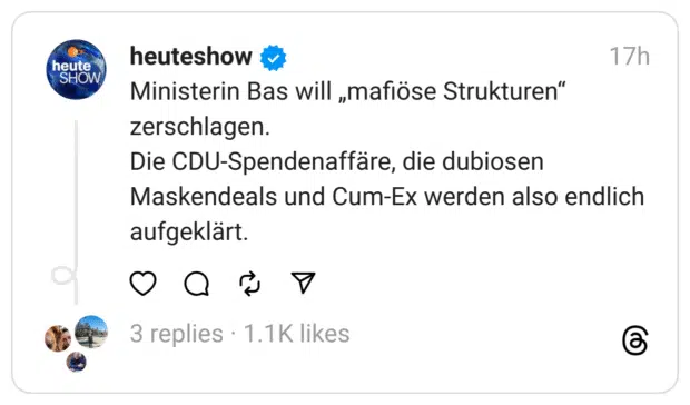 Ministerin Bas will „mafiöse Strukturen“ zerschlagen. Die CDU-Spendenaffäre, die dubiosen Maskendeals und Cum-Ex werden also endlich aufgeklärt.