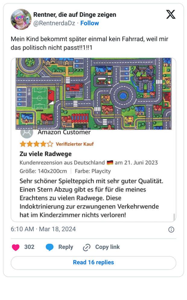 Mein Kind bekommt später einmal kein Fahrrad, weil mir das politisch nicht passt!!1!!1