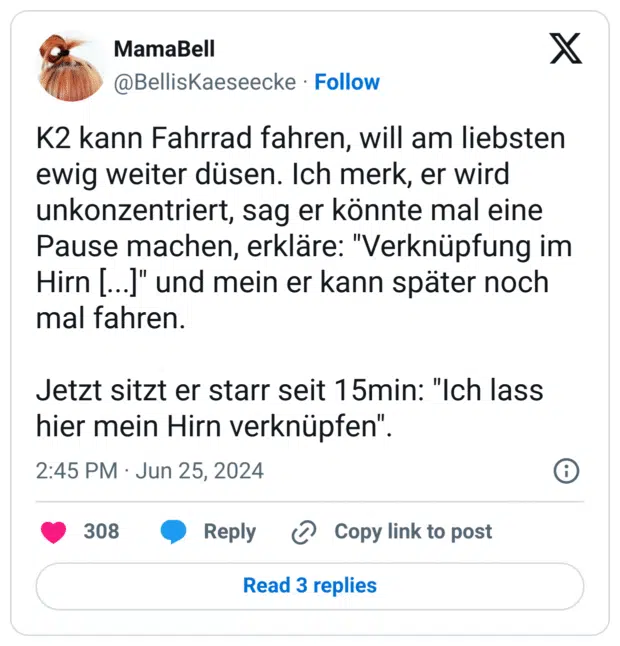 K2 kann Fahrrad fahren, will am liebsten ewig weiter düsen. Ich merk, er wird unkonzentriert, sag er könnte mal eine Pause machen, erkläre: "Verknüpfung im Hirn [...]" und mein er kann später noch mal fahren.
Jetzt sitzt er starr seit 15min: "Ich lass hier mein Hirn verknüpfen