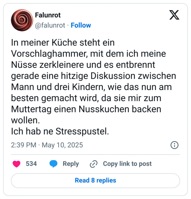 In meiner Küche steht ein Vorschlaghammer, mit dem ich meine Nüsse zerkleinere und es entbrennt gerade eine hitzige Diskussion zwischen Mann und drei Kindern, wie das nun am besten gemacht wird, da sie mir zum Muttertag einen Nusskuchen backen wollen.
Ich hab ne Stresspustel.