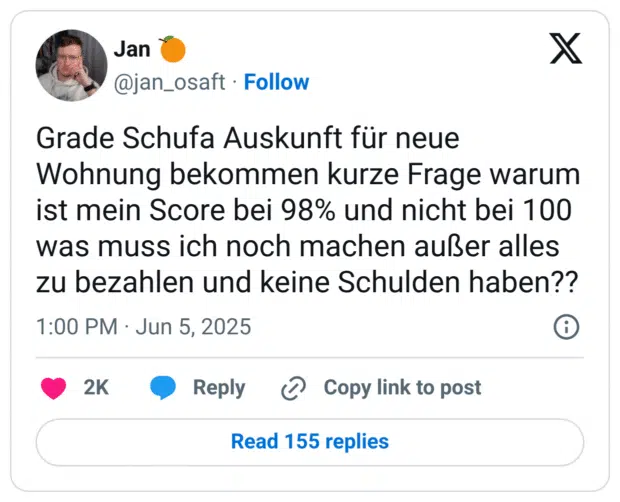 Grade Schufa Auskunft für neue Wohnung bekommen kurze Frage warum ist mein Score bei 98% und nicht bei 100 was muss ich noch machen außer alles zu bezahlen und keine Schulden haben??
